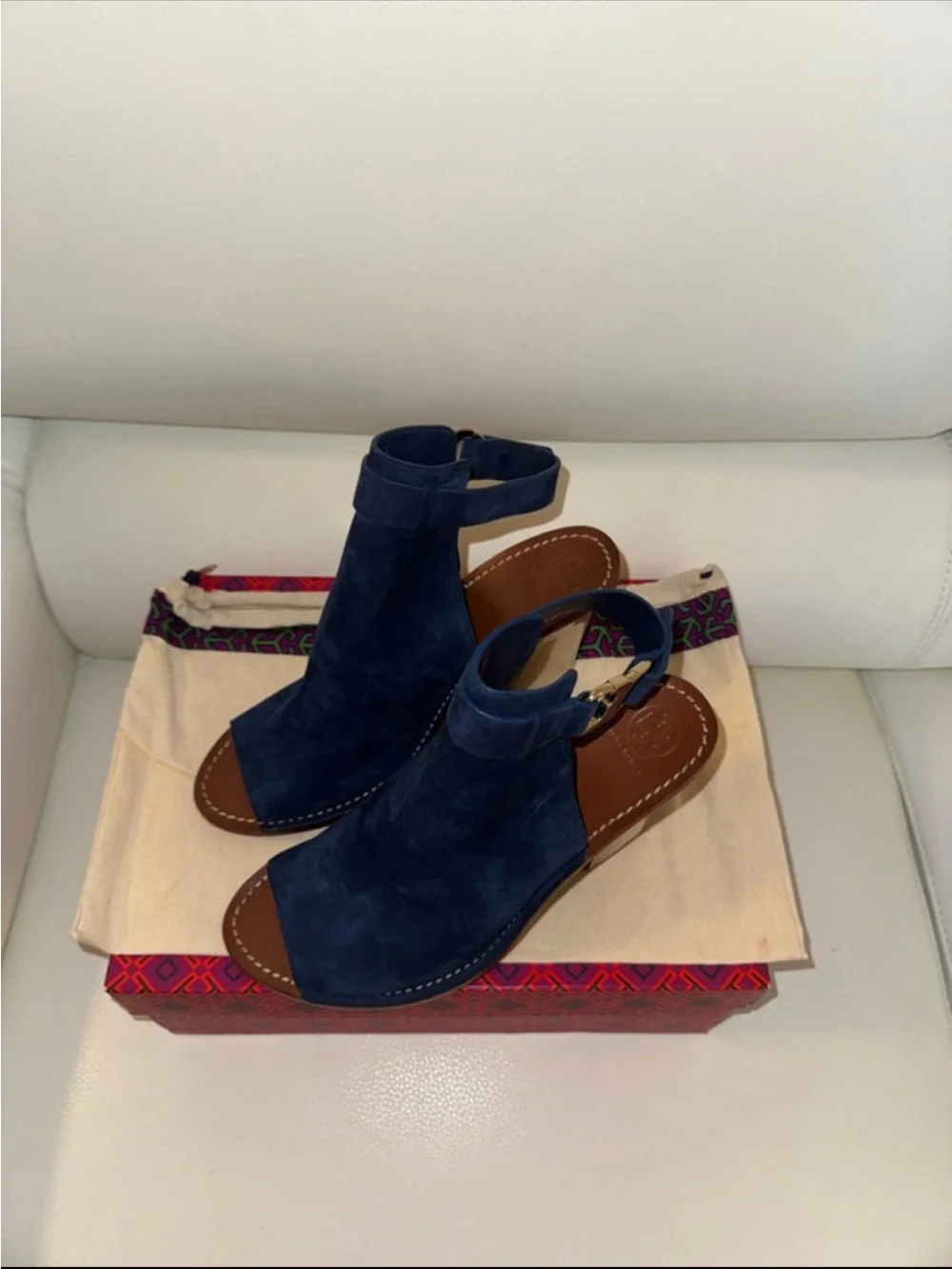 TORY BURCH NAVY SUEDE OPEN TOE BLOCK HEELS